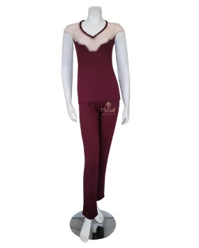 3628 Blush Lace Sleeveless Red Wine Modal Pajamas Set