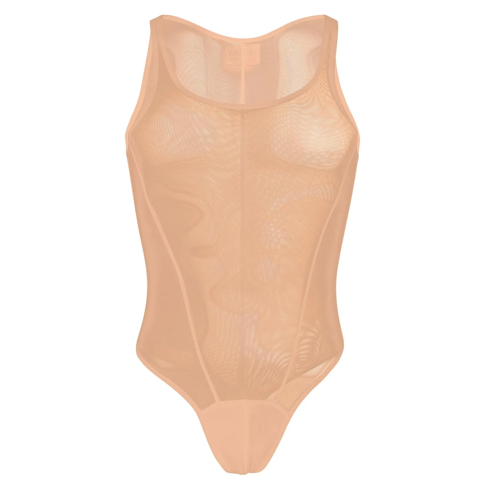 ABAFIP Men's Mesh Undershirts Bodysuit Sleeveless Sheer Tank Top Jumpsuit Fitness Mankini Jumpsuit Singlet Rave Tanks Apricot X-Large