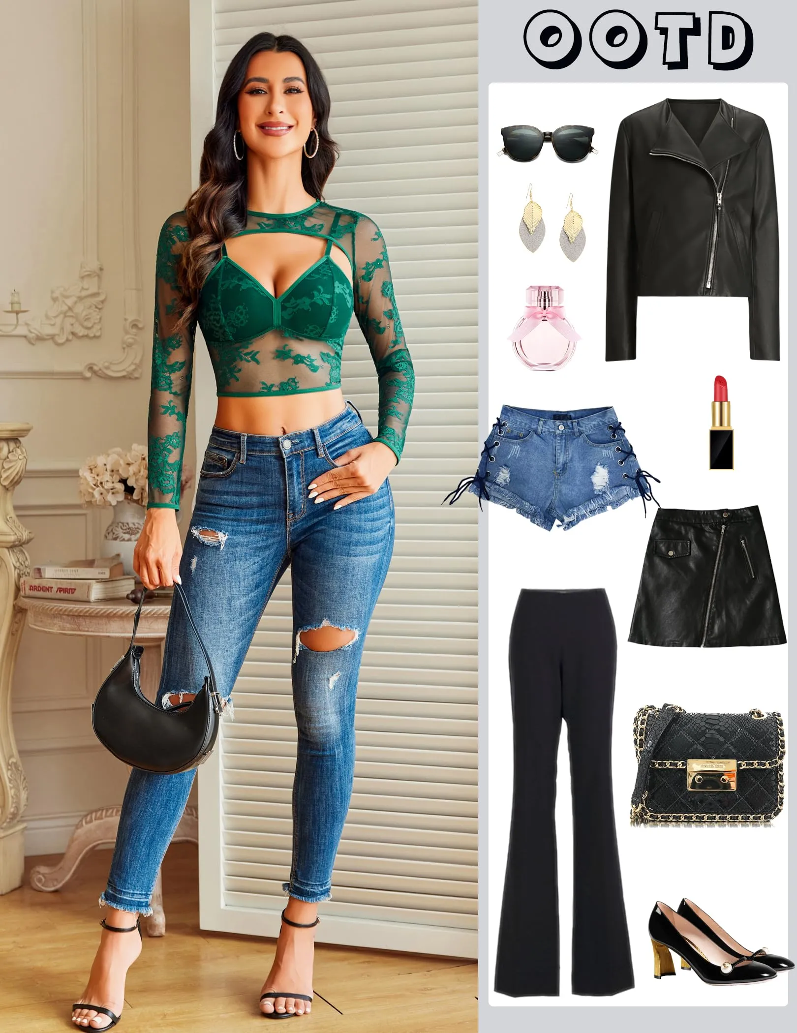Avidlove Women Mesh Top Lace Long Sleeve Tops Crew Neck See Through Tops Y2k Crop Top for Going Out Green