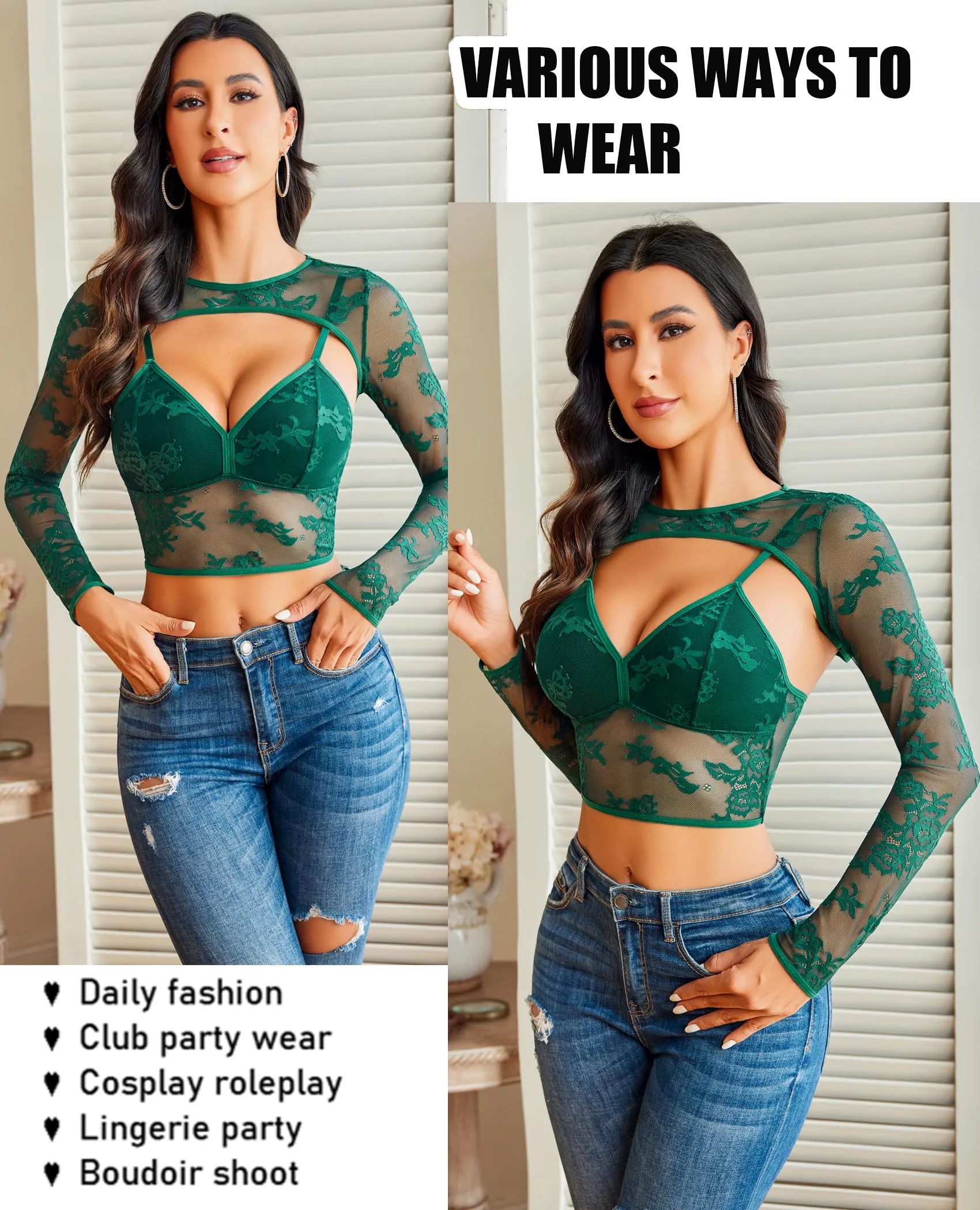 Avidlove Women Mesh Top Lace Long Sleeve Tops Crew Neck See Through Tops Y2k Crop Top for Going Out Green