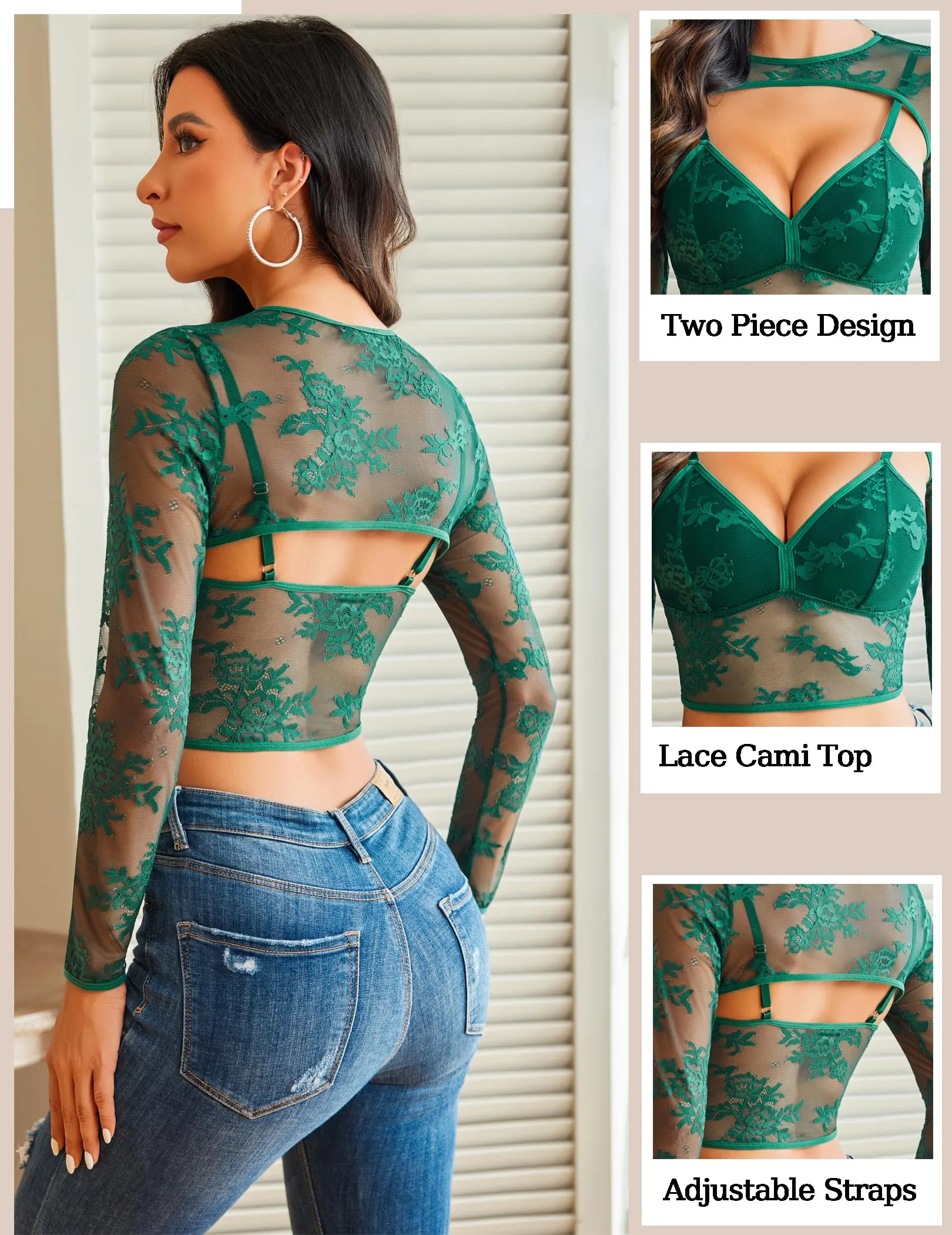 Avidlove Women Mesh Top Lace Long Sleeve Tops Crew Neck See Through Tops Y2k Crop Top for Going Out Green