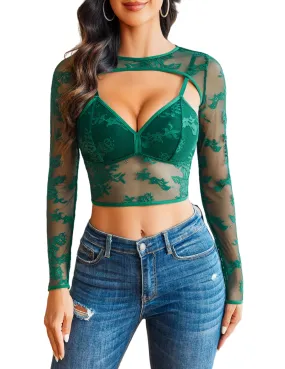 Avidlove Women Mesh Top Lace Long Sleeve Tops Crew Neck See Through Tops Y2k Crop Top for Going Out Green
