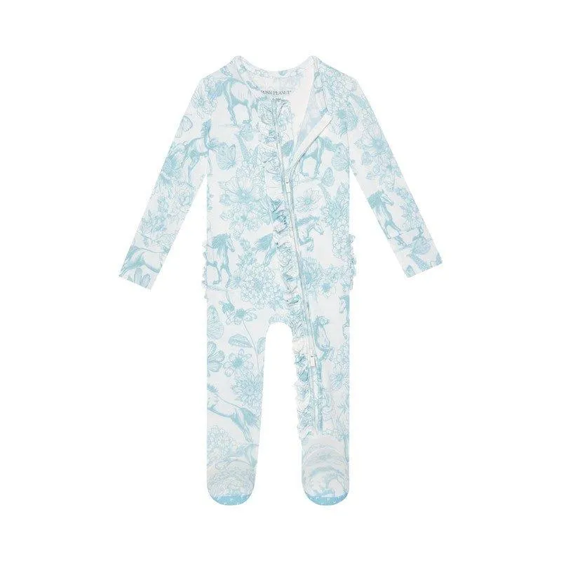 Bamboo Ruffle Footie with Zipper - Charlotte Anne (Floral and Horse)