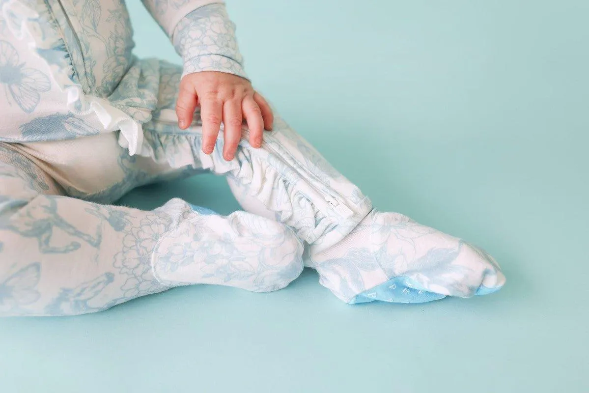 Bamboo Ruffle Footie with Zipper - Charlotte Anne (Floral and Horse)