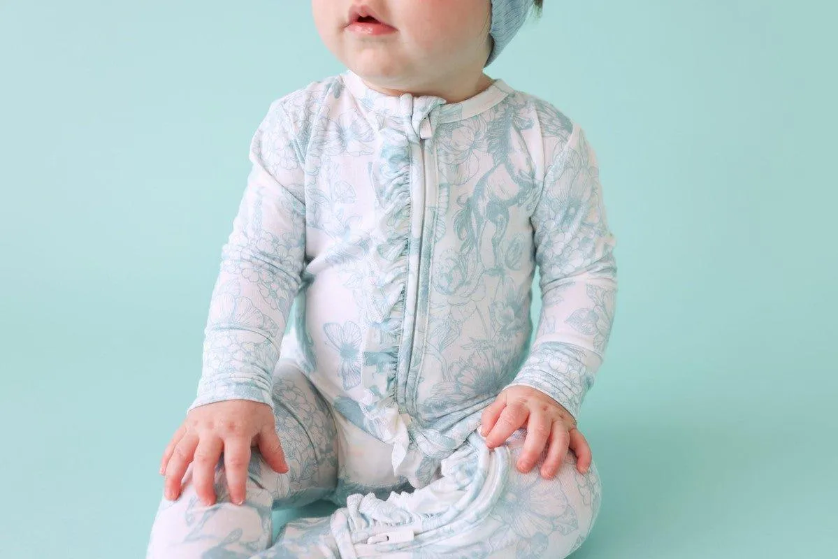 Bamboo Ruffle Footie with Zipper - Charlotte Anne (Floral and Horse)