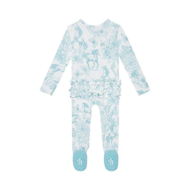 Bamboo Ruffle Footie with Zipper - Charlotte Anne (Floral and Horse)