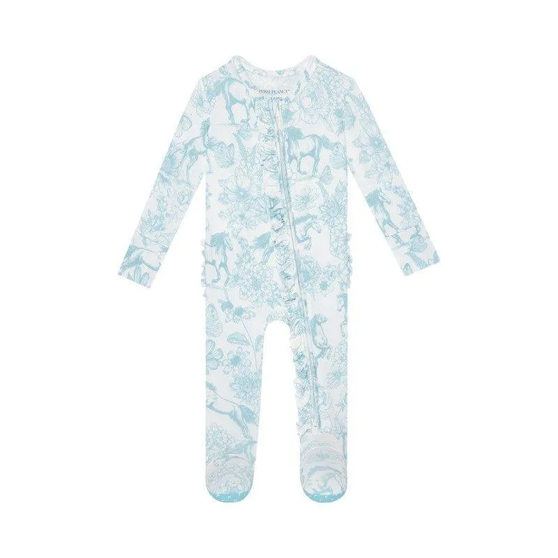 Bamboo Ruffle Footie with Zipper - Charlotte Anne (Floral and Horse)