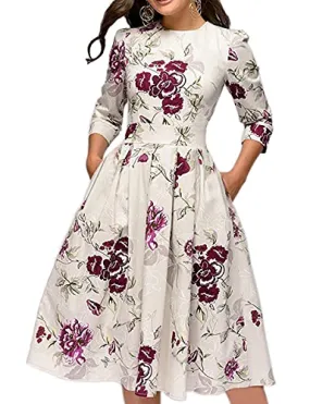 Beige Women's Floral Vintage Dress Elegant Midi Evening Dress Simple Flavor