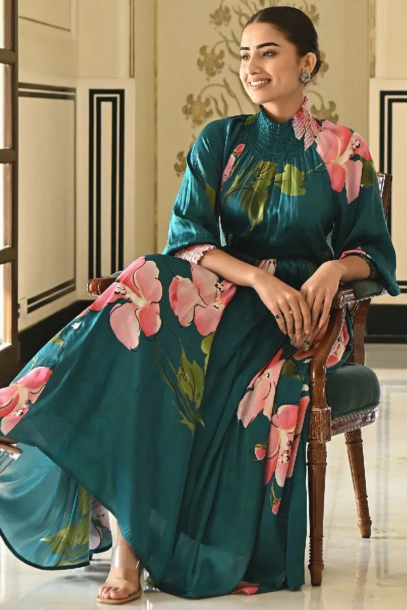 Beryl Printed Blue High Neck Dress With Balloon Sleeves