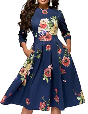 Blue Women's Floral Vintage Dress Elegant Midi Evening Dress Simple Flavor