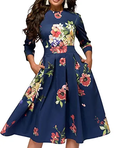 Blue Women's Floral Vintage Dress Elegant Midi Evening Dress Simple Flavor