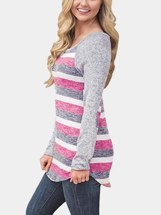 Custom Round Neck Long Sleeve Curved Hem Light Pink T-Shirts