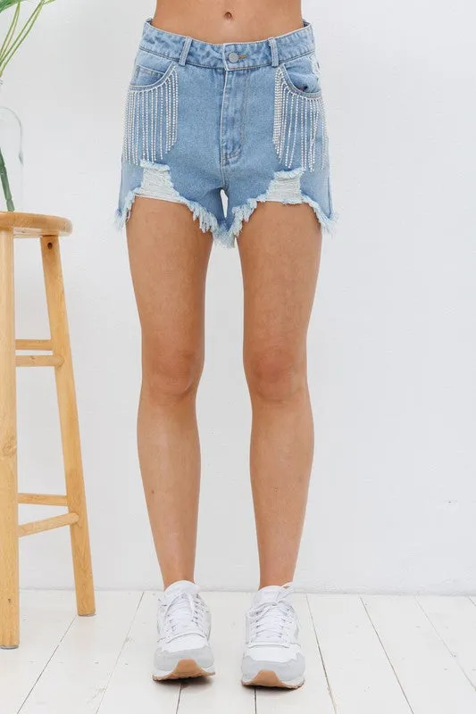 Denim and Diamonds Fringe Shorts