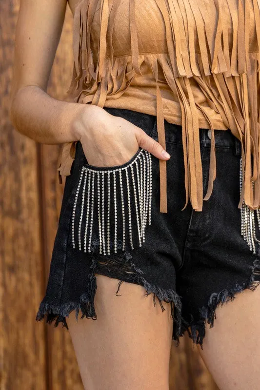 Denim and Diamonds Fringe Shorts
