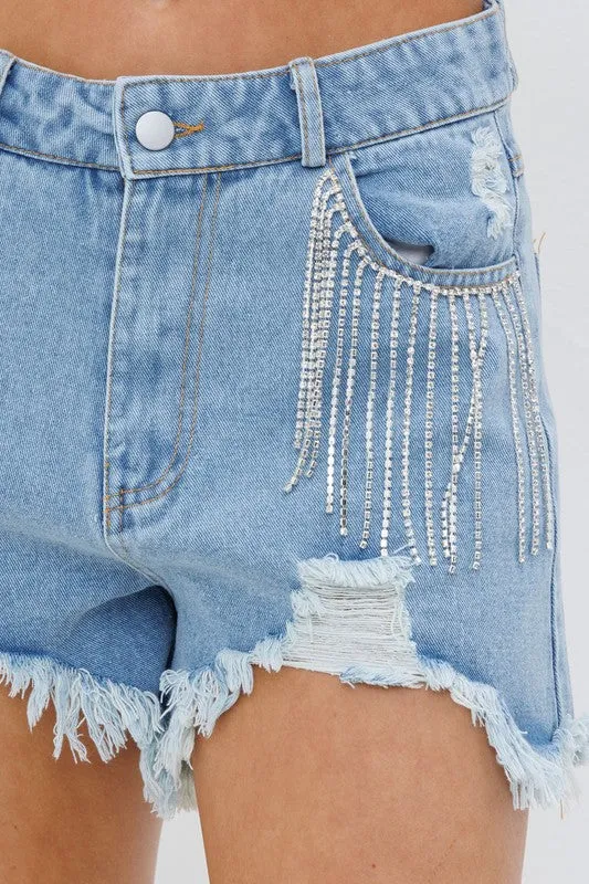 Denim and Diamonds Fringe Shorts