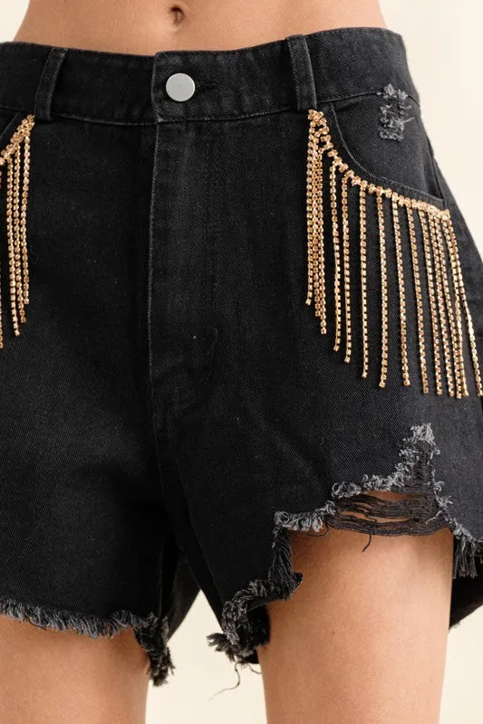 Denim and Diamonds Fringe Shorts