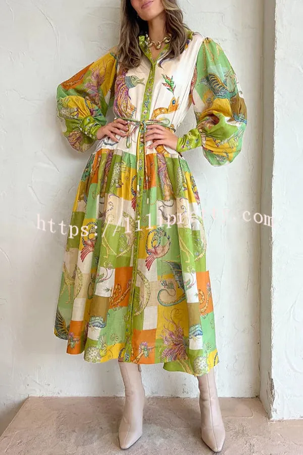 Dragon Family Unique Print Balloon Sleeve Lightweight Shirt Midi Dress
