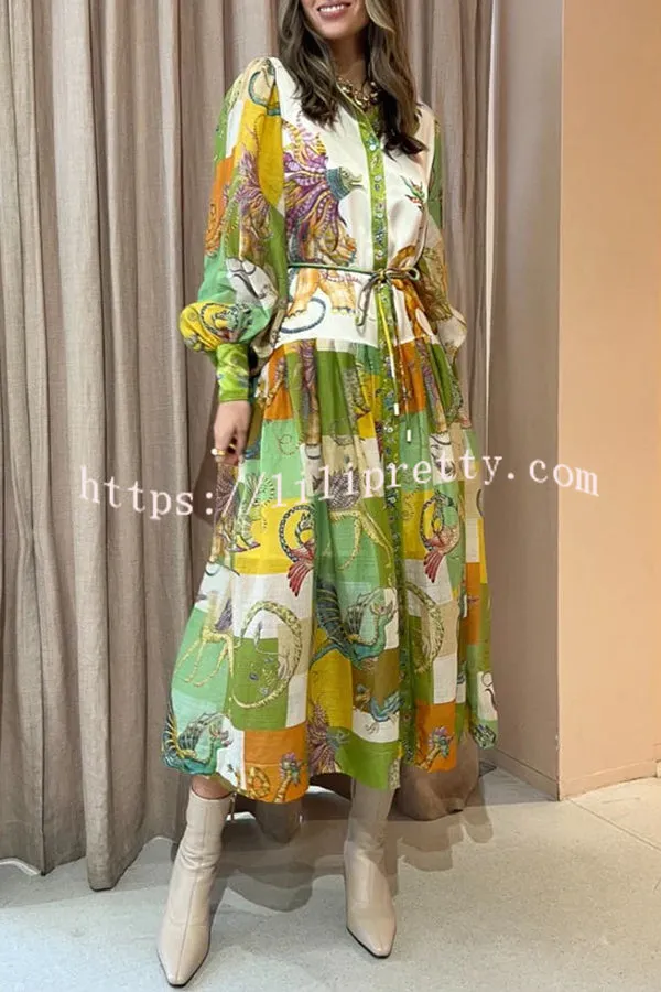 Dragon Family Unique Print Balloon Sleeve Lightweight Shirt Midi Dress