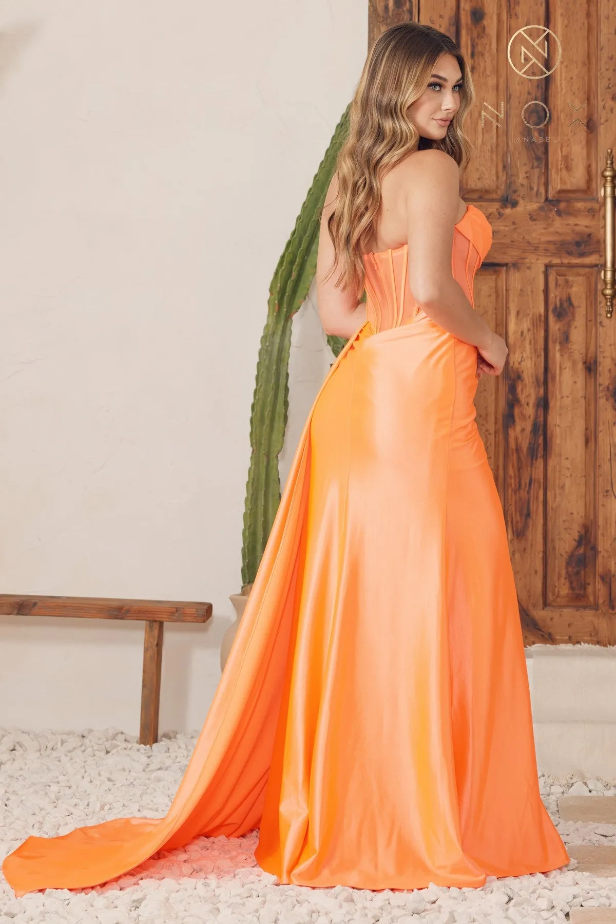Fitted Satin Cowl Sheer Corset Slit Gown _E1237