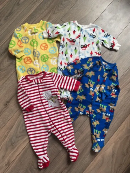Fleece Sleepers Bundle of 4 Yellow Peace, White Trucks, Blue Reindeer Red Stripe 0-3 Months, Kids 3 Month (0-3M)
