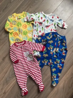 Fleece Sleepers Bundle of 4 Yellow Peace, White Trucks, Blue Reindeer Red Stripe 0-3 Months, Kids 3 Month (0-3M)