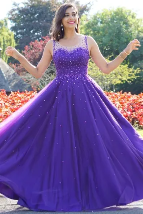 Hot Purple Pearls Tulle Prom Dresses Cheap Long A Line Evening Gowns