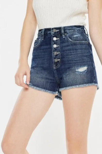 Jess High Rise Button Fly Raw Hem Denim Shorts