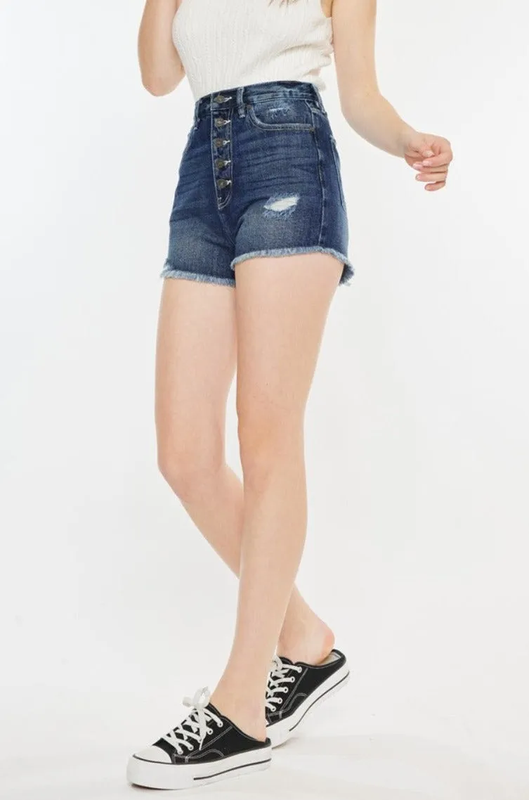 Jess High Rise Button Fly Raw Hem Denim Shorts
