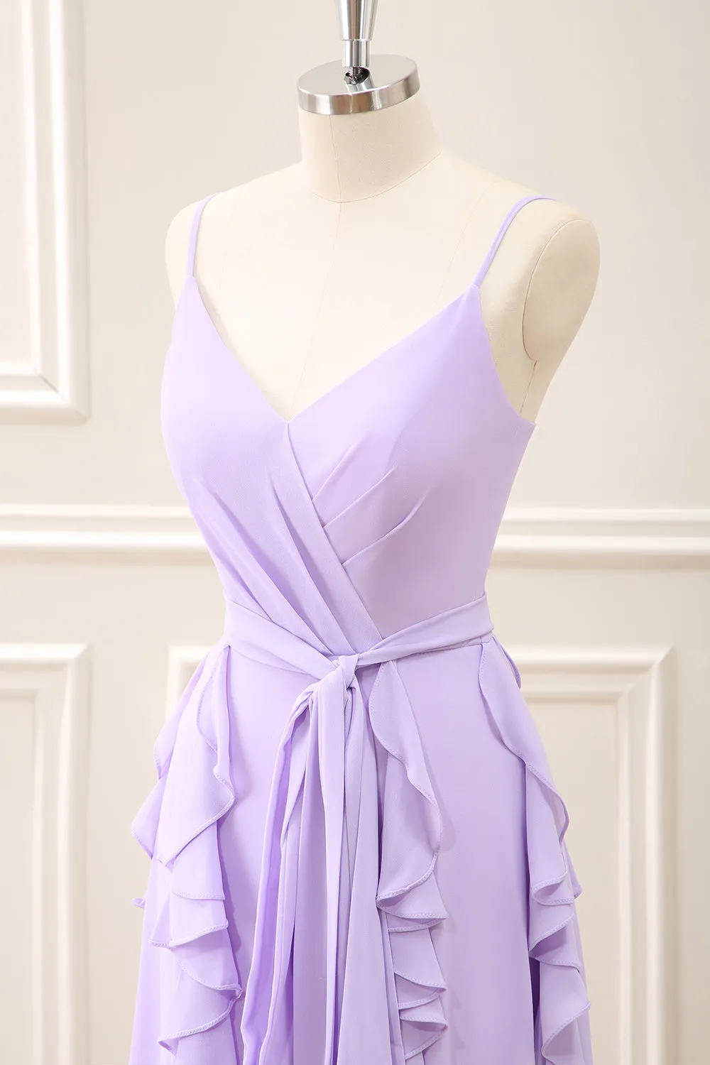 Lilac Spaghetti Straps Sheath Ruffles Bow Maxi Dress with Slit