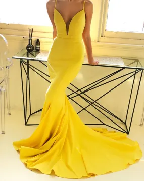 Mermaid Long V Neck Yellow Prom Dresses Spaghetti-Straps