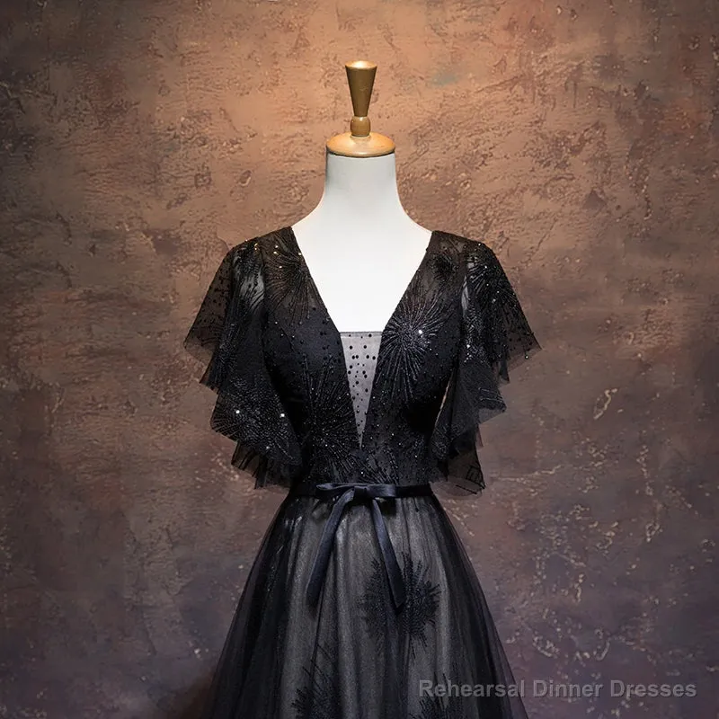 Modest Black Long A-line V-neck Black Prom Dresses Chic Party Dresses