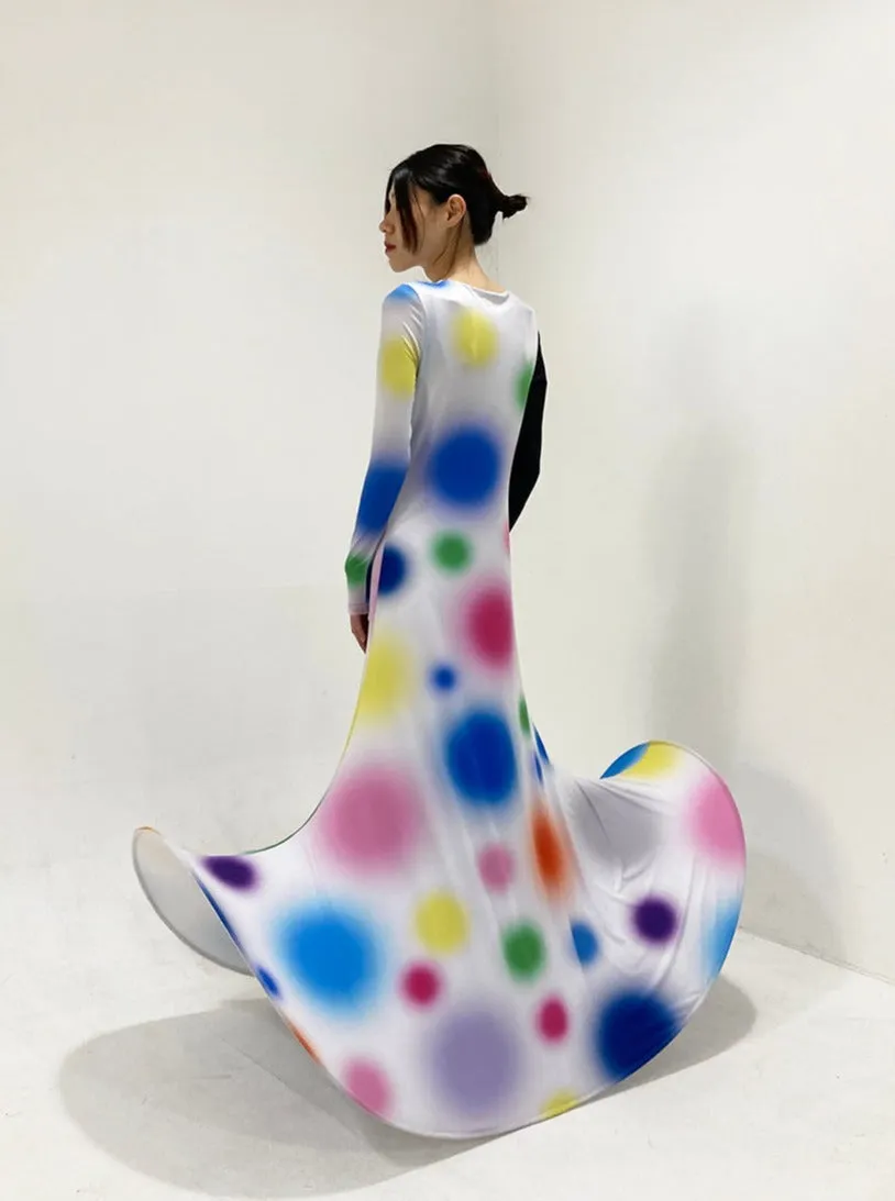 Multi Gradient Dot Printed Dress with Black Sleeve Contrast