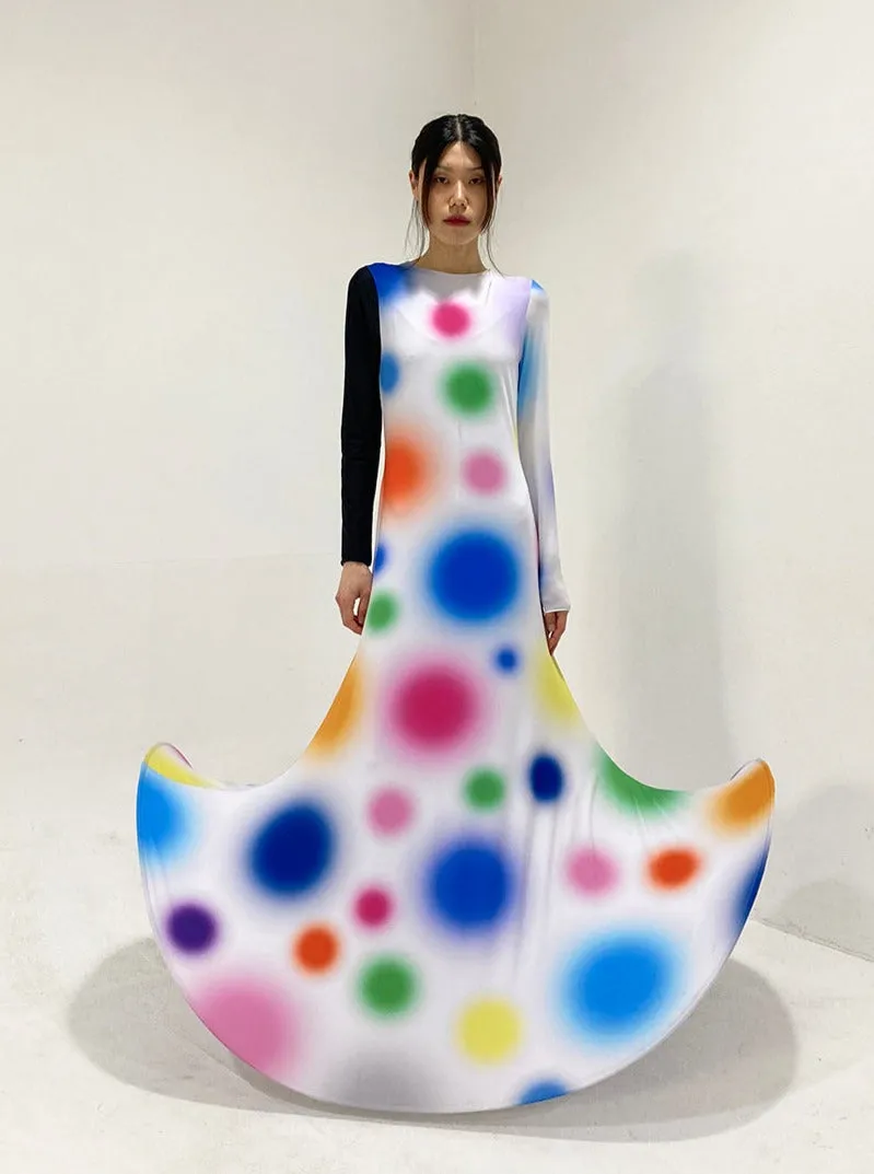 Multi Gradient Dot Printed Dress with Black Sleeve Contrast