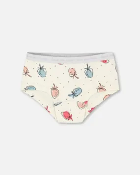 Organic Cotton Boyshort Pantie Off White Printed Strawberry