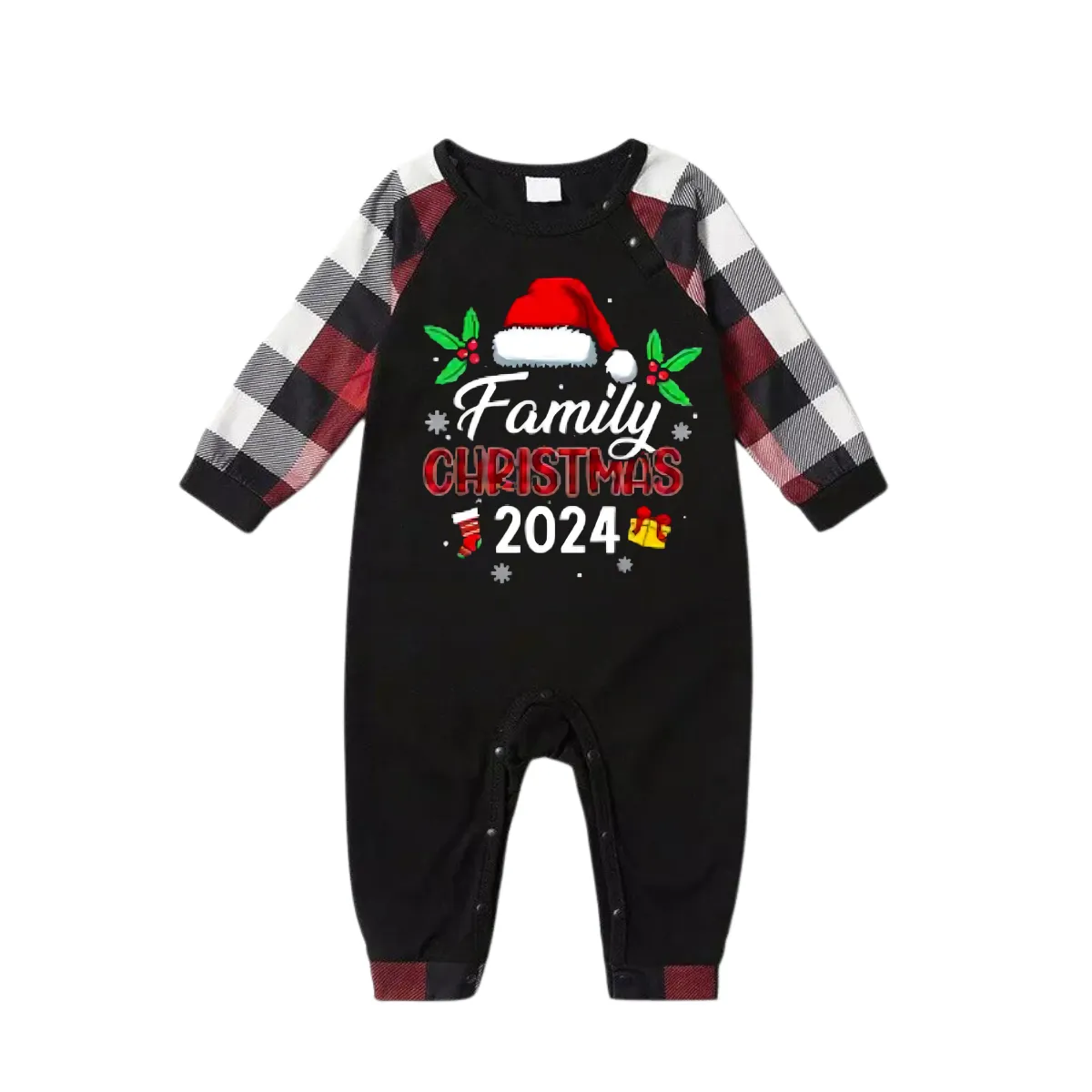 "Family Christmas 2024" with Santa Hat Pattern Ⅰ- Red&Black&White Plaid  Matching Pajamas