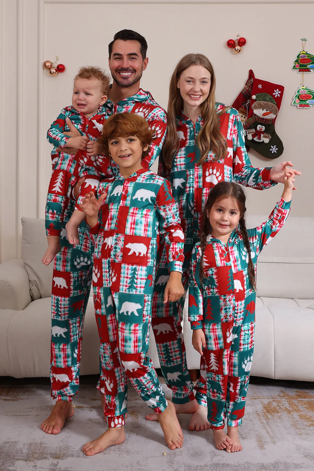 Red and Green Colorblock Christmas Hooded Family Pajama Set