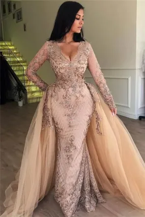 Sexy Mermaid V-neck Long Sleeves Appliqued Prom Dresses with Detachable Skirt P01074