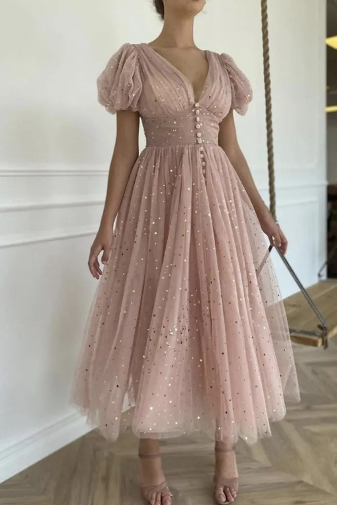 Shiny Sequins V Neck Pink Tea Length Prom Dress, V Neck Pink Homecoming Dress, Pink Formal Evening Dress KS7203