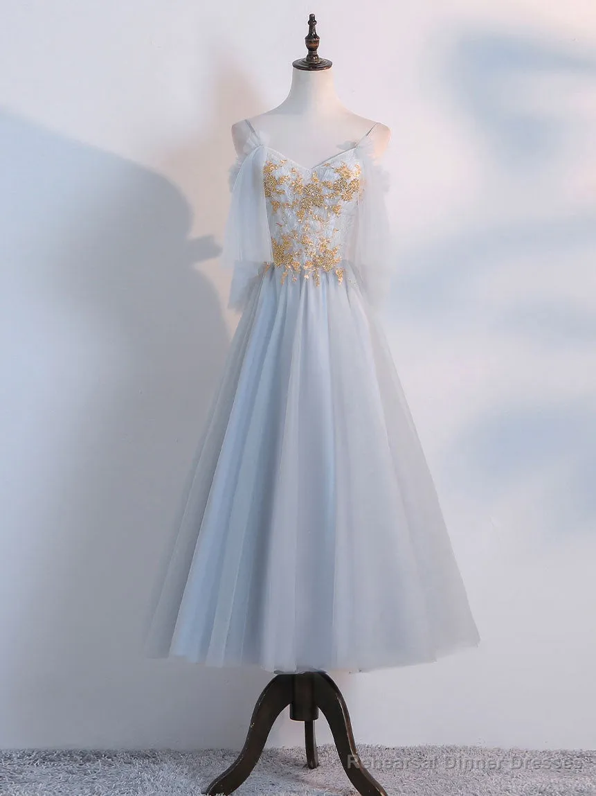 Simple Tulle Lace Gray Blue Prom Dresses, Tea Length Lace Bridesmaid Dresses