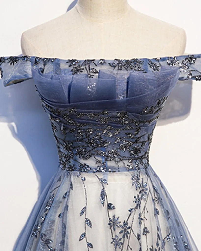 Stunning Blue Tulle Off Shoulder A Line Long Prom Dress, Evening Dress With Sleeve KS7424
