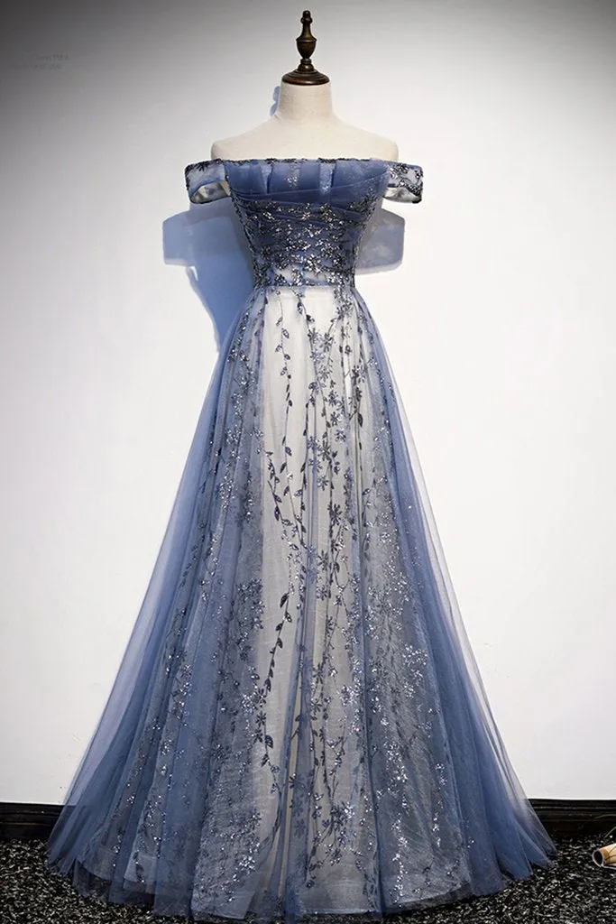 Stunning Blue Tulle Off Shoulder A Line Long Prom Dress, Evening Dress With Sleeve KS7424