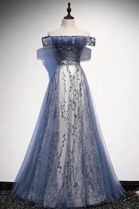 Stunning Blue Tulle Off Shoulder A Line Long Prom Dress, Evening Dress With Sleeve KS7424
