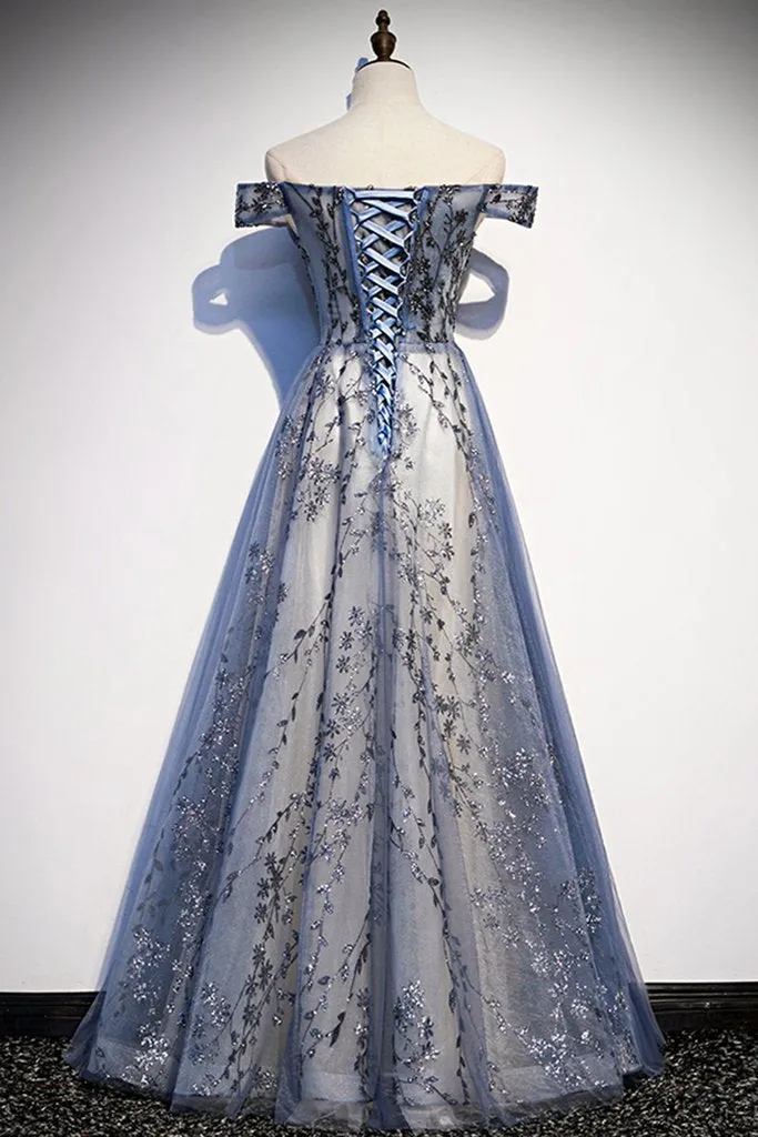 Stunning Blue Tulle Off Shoulder A Line Long Prom Dress, Evening Dress With Sleeve KS7424