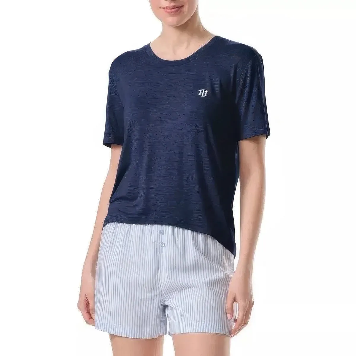 Tommy Hilfiger Women's 2-Pc. T-Shirt & Boxer Pajamas Set  Navy Sleet Stripe Size L