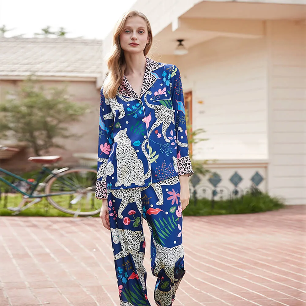 Unique Animal Print Pet Hair-Resistant Satin Pajama Set