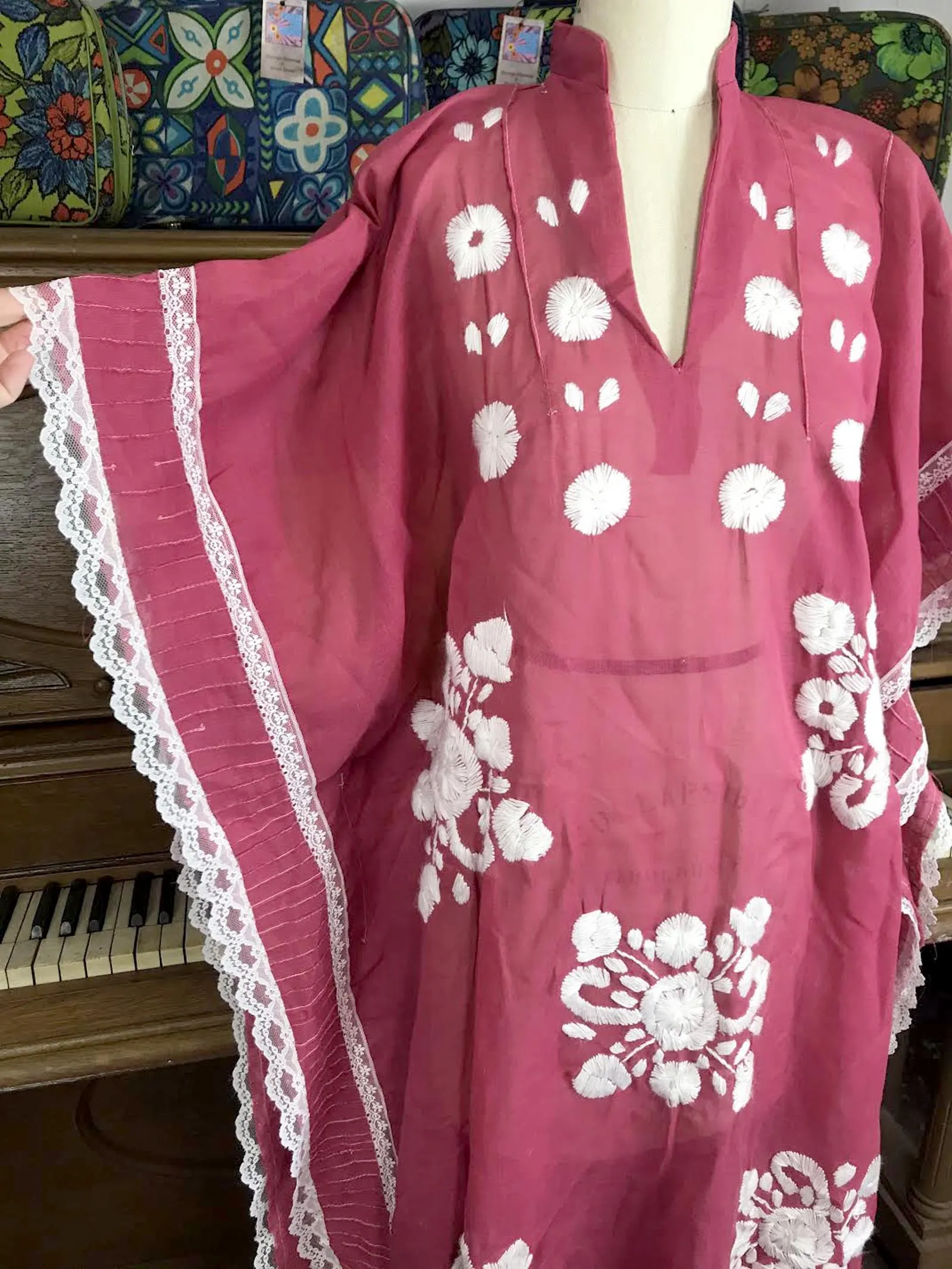 Vintage 70s | Embroidered Caftan Kaftan Muumuu Boho Hippie Dress | Free Size
