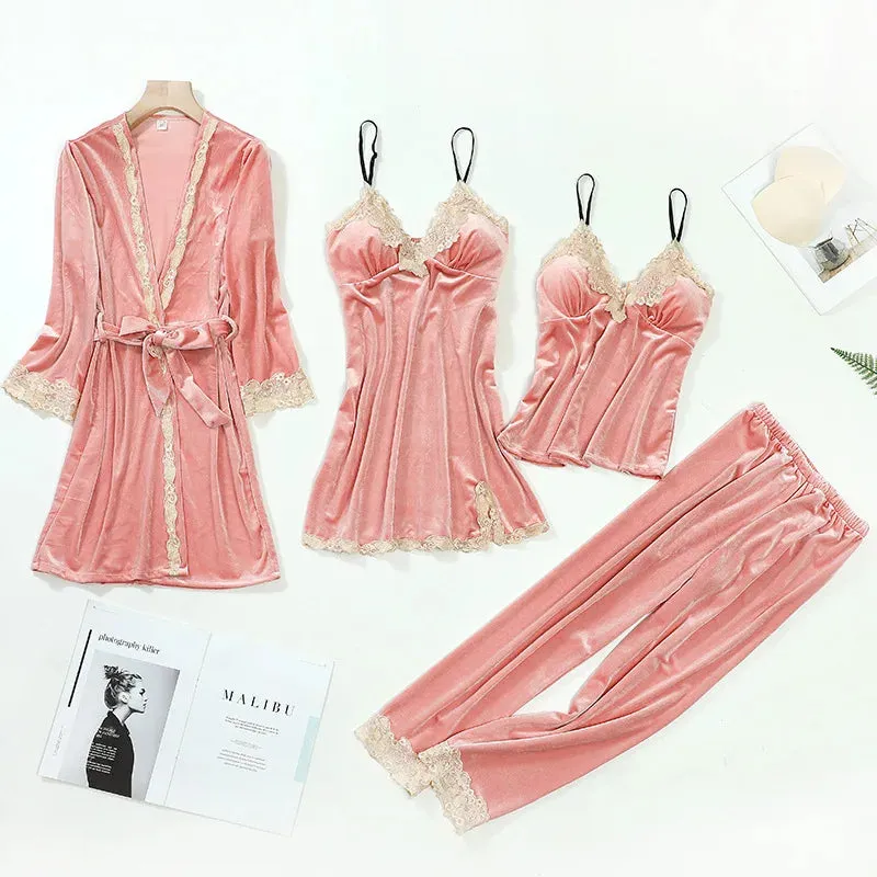 Women 4Pcs TOP Casual Velour Home Pajamas Set
