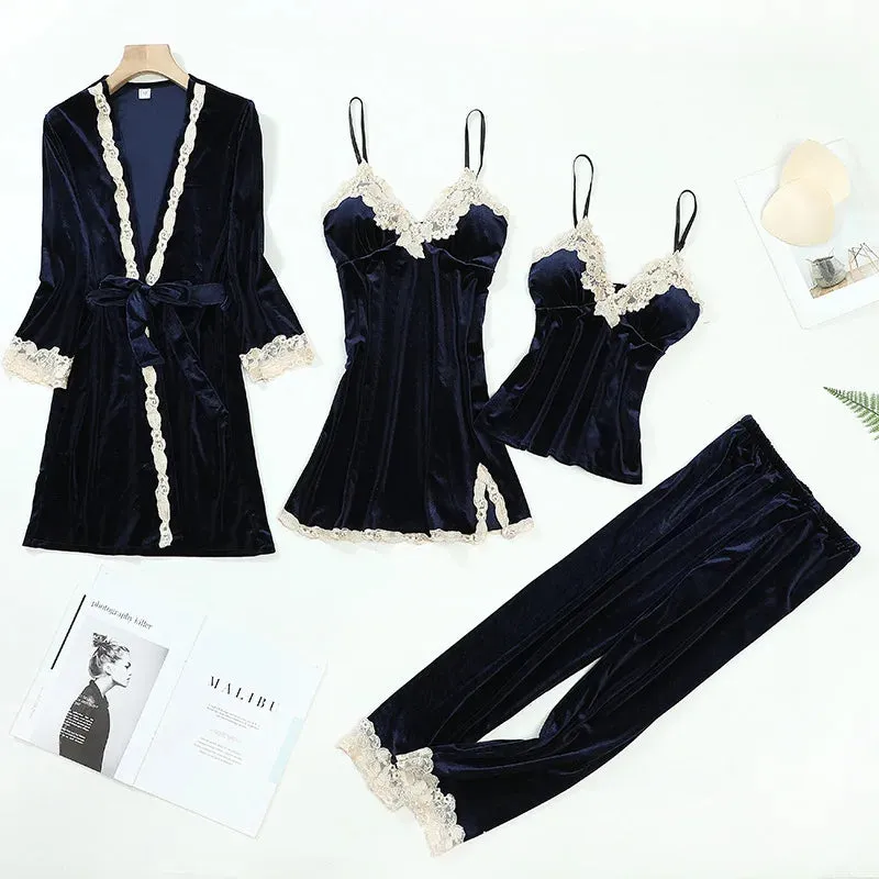 Women 4Pcs TOP Casual Velour Home Pajamas Set