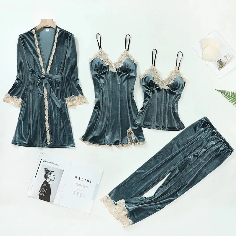 Women 4Pcs TOP Casual Velour Home Pajamas Set