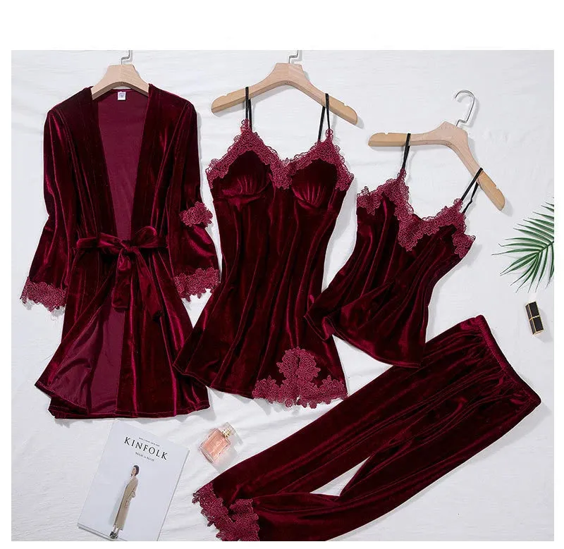 Women 4Pcs TOP Casual Velour Home Pajamas Set